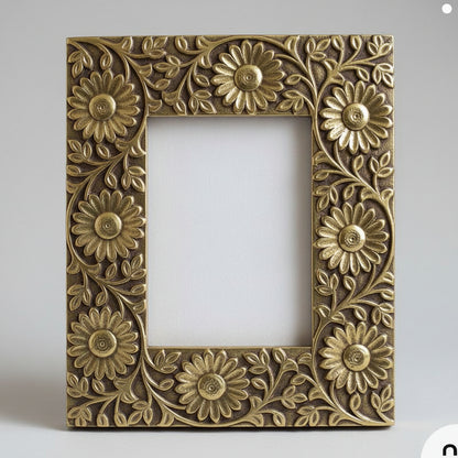 Decorative wooden photo frame with floral patterns on a wooden surface.