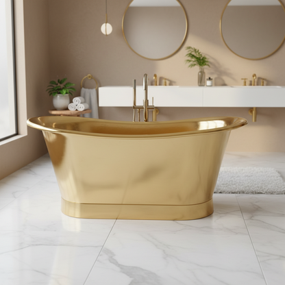 Gold freestanding bathtub in a modern bathroom with white tiles and neutral colors.