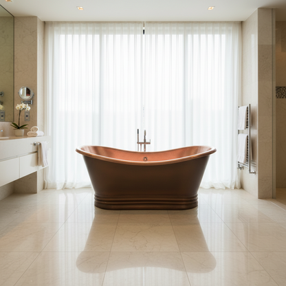 Modern bathroom with a copper bathtub and large window