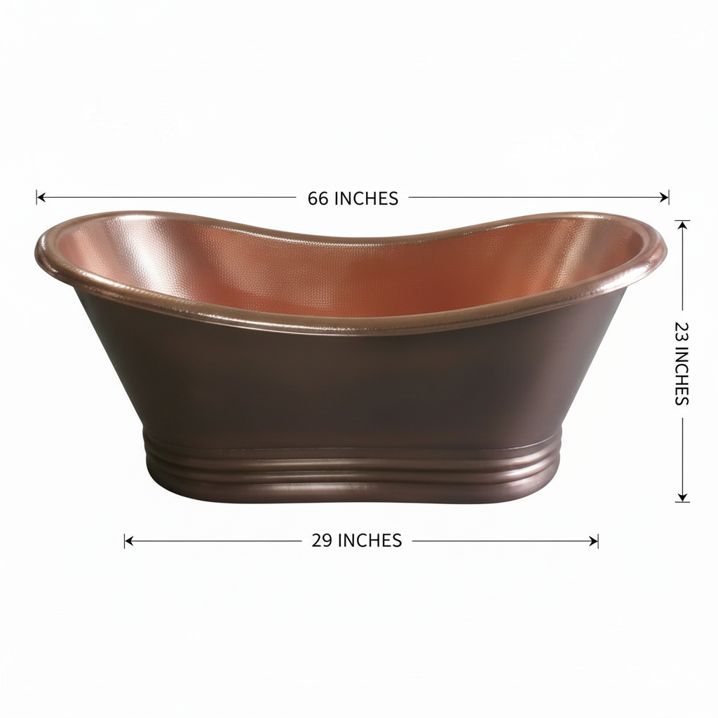 Copper bathtub with dimensions labeled on a white background