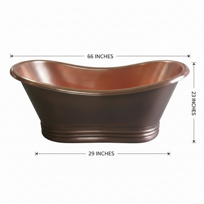 Copper bathtub with dimensions labeled on a white background