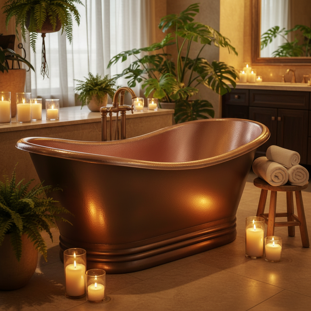 Bronze bathtub in a bathroom with candles and plants