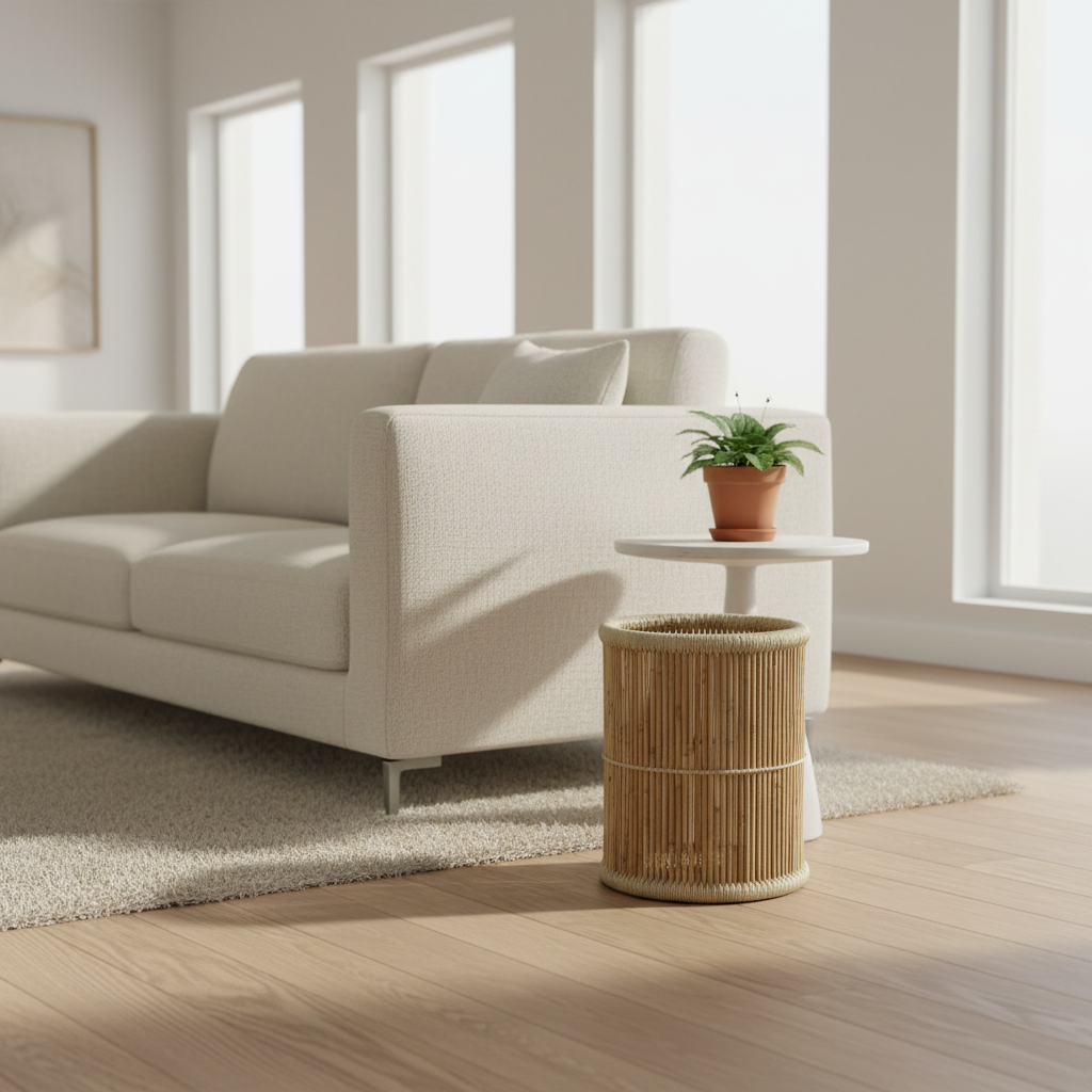 Modern living room with a beige sofa, wooden side table, and plant.