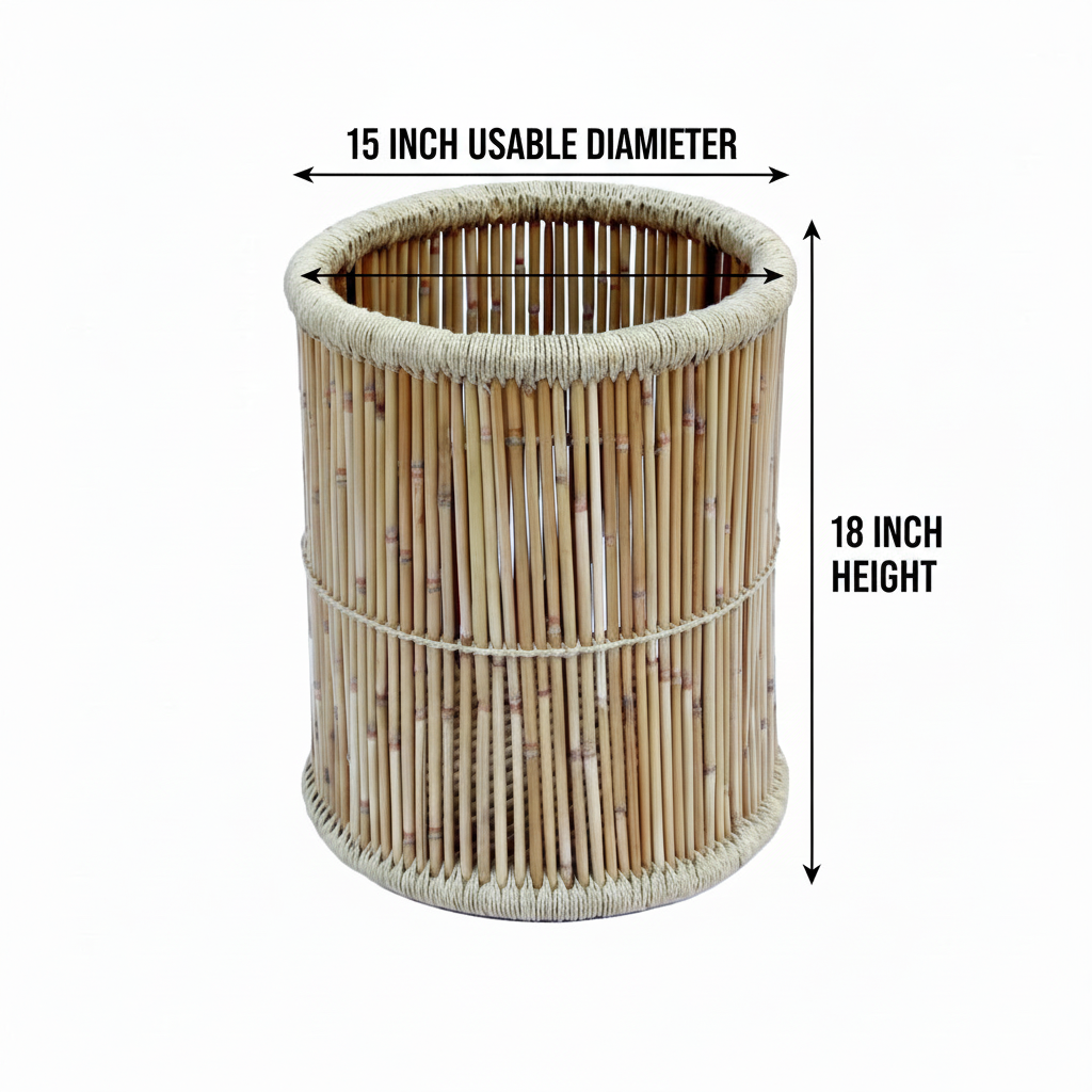 Bamboo basket with dimensions labeled on a white background