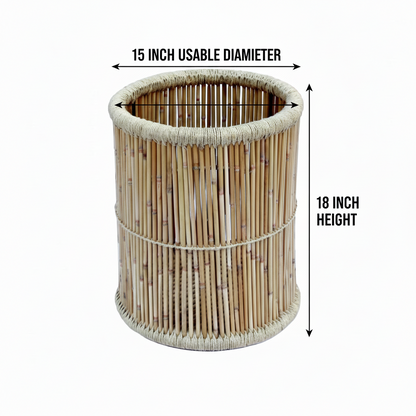 Bamboo basket with dimensions labeled on a white background