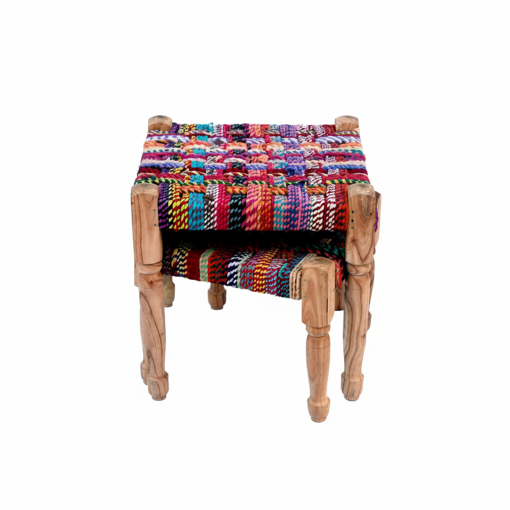 Colorful woven stool with wooden legs on a white background