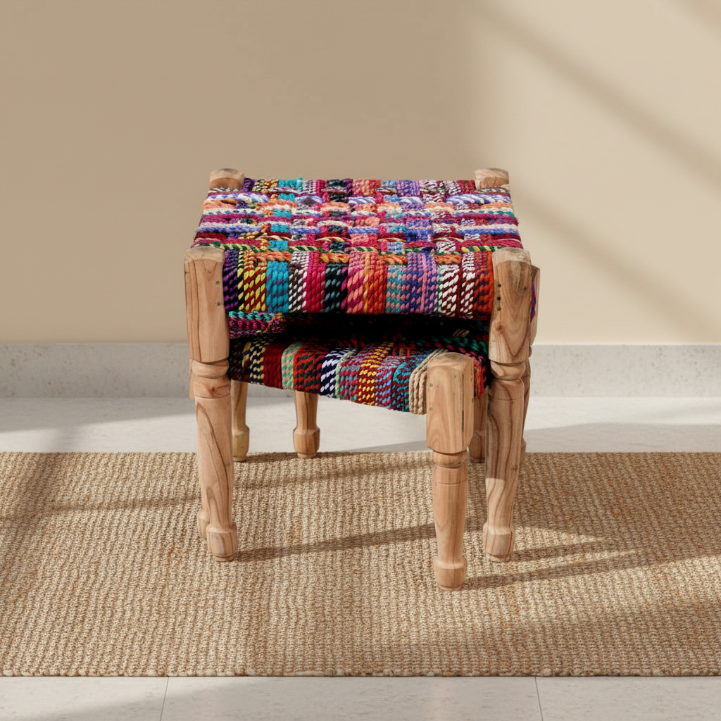Rustic Wooden Stool Set Multicolor Rope