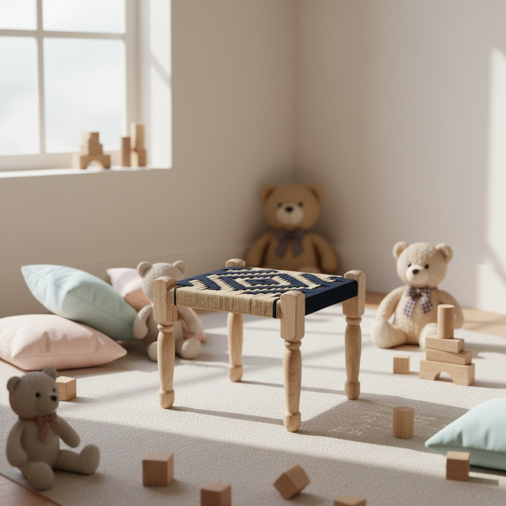 Children's room with wooden table, teddy bears, and toys in a bright setting