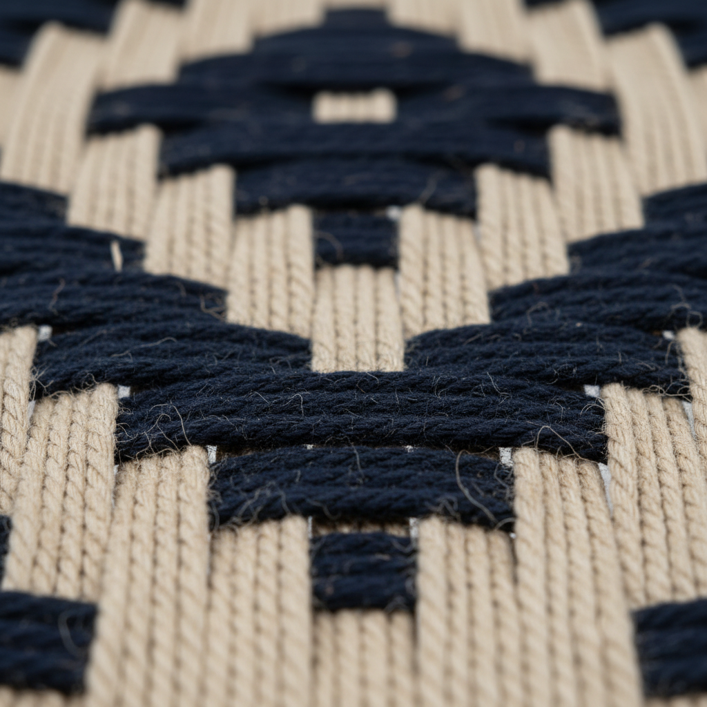 Close-up of a woven pattern with blue and beige stripes