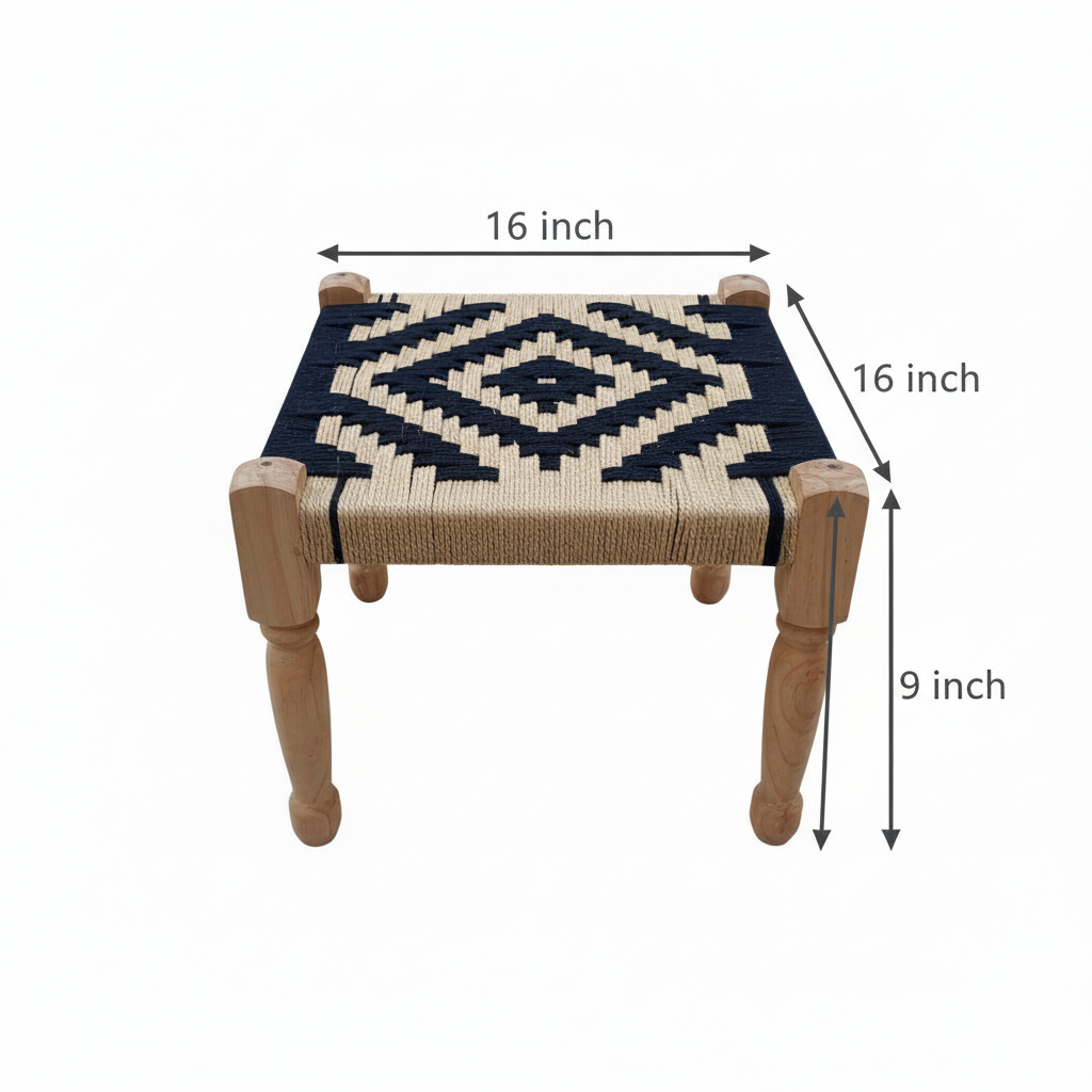 Small stool with woven top and wooden legs, shown with dimensions on a white background.