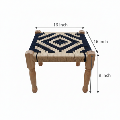 Small stool with woven top and wooden legs, shown with dimensions on a white background.