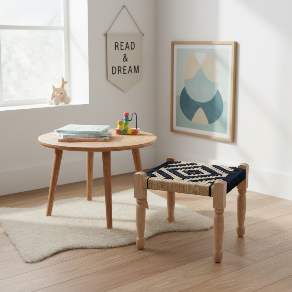Small wooden table with books and toys next to a woven stool with a patterned cushion in a bright room.
