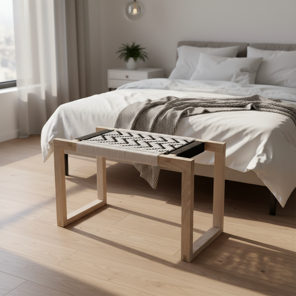 Wooden bench with a patterned cushion in front of a bed in a bright bedroom.