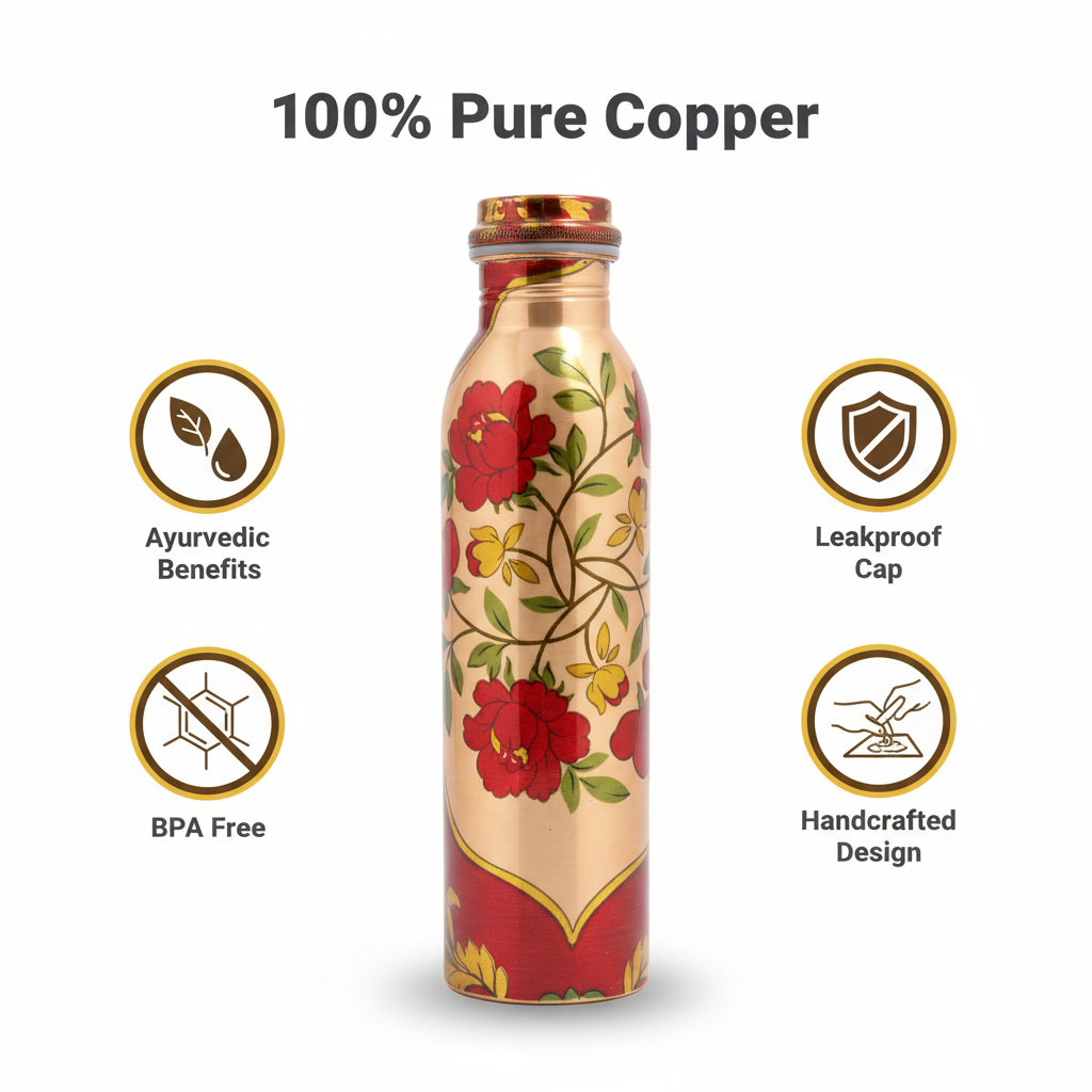 Copper water bottle with floral design and certification icons on a white background