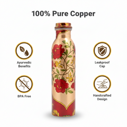 Copper water bottle with floral design and certification icons on a white background