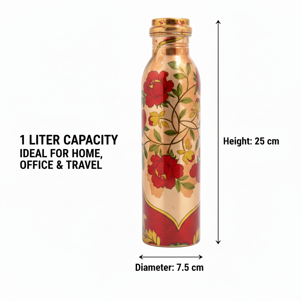 Copper water bottle with floral design, capacity 1 liter, ideal for home, office, and travel.