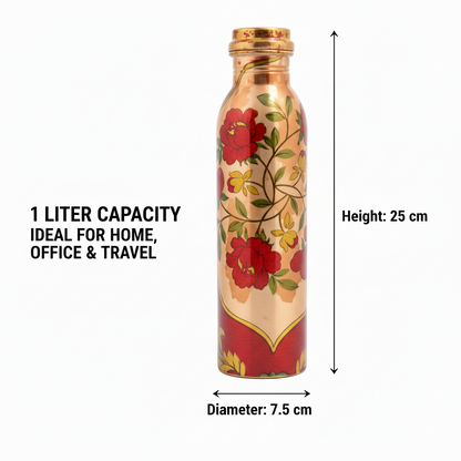 Copper water bottle with floral design, capacity 1 liter, ideal for home, office, and travel.