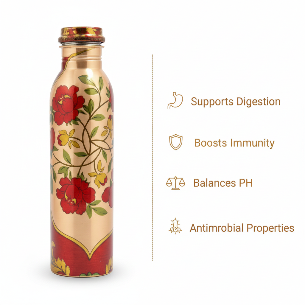 Decorative water bottle with floral design on a beige background