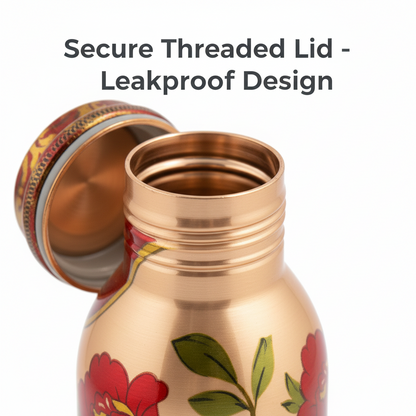 Copper-colored water bottle with floral design and open lid on a white background