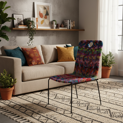 Handcrafted Iron Pipe Chair Multicolour Cloth Rope