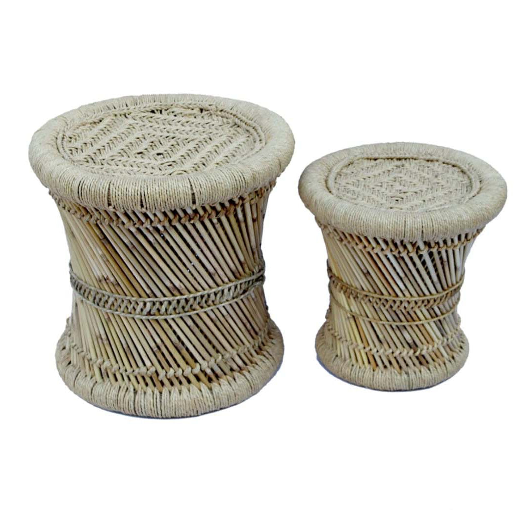 Two woven stools on a white background