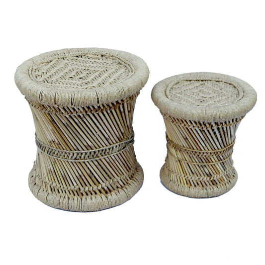 Two woven stools on a white background