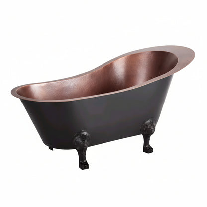 Copper bathtub with black feet on a white background
