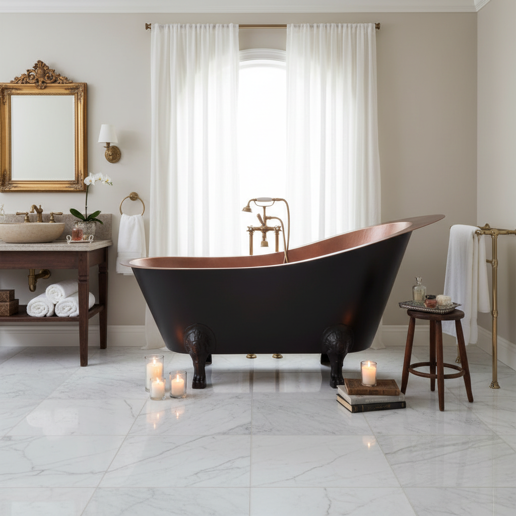 Modern bathroom with a freestanding black bathtub, candles, and decorative elements.