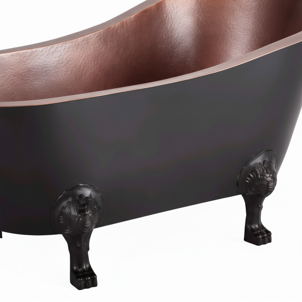 Copper bathtub with black feet on a white background