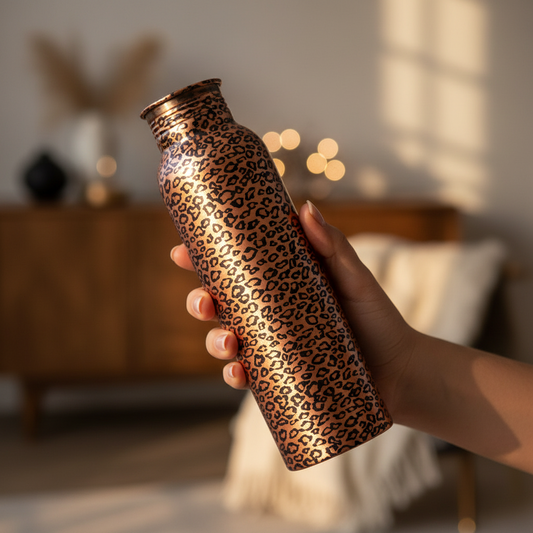 Hand holding a leopard print water bottle in a softly lit room.