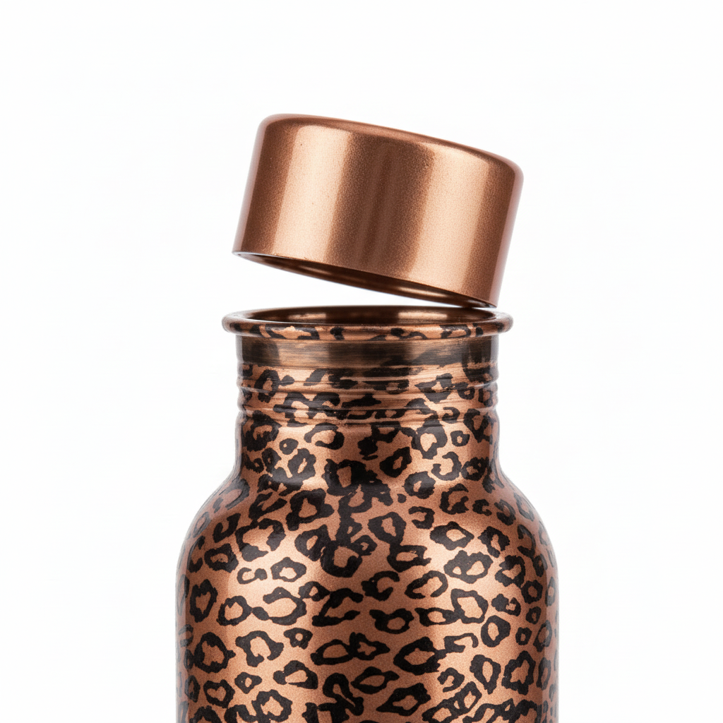 Copper-colored bottle with leopard print pattern on a white background