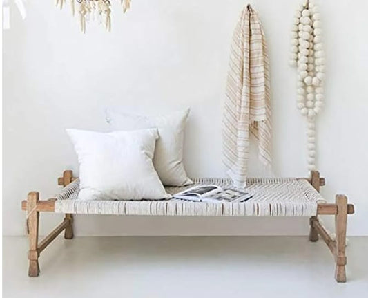 Handcrafted Modern Wooden Charpai with Natural Rope – White