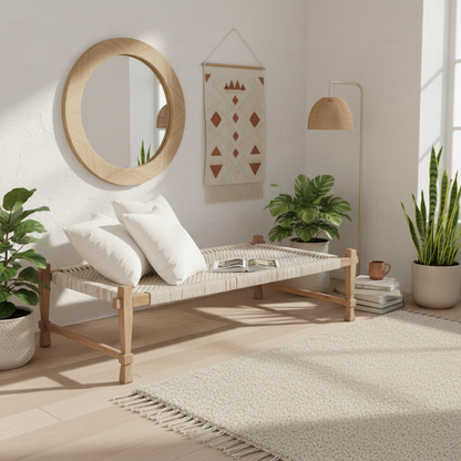 Nordic-style living room with wooden bench, round mirror, and plants.