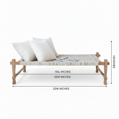 Measurement chart of a wooden bench with white cushions on a white background