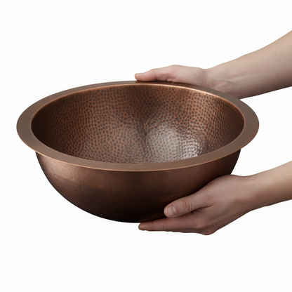 Hand Hammered Copper Round Bathroom Sink 16 Inch Dual Mount