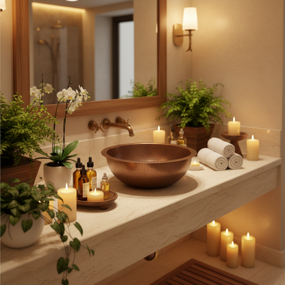 Hand Hammered Copper Round Bathroom Sink 16 Inch Dual Mount