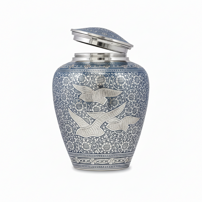 Decorative urn with intricate patterns on a white background