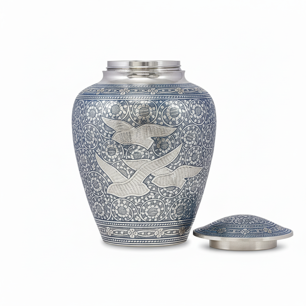 Decorative urn with bird patterns on a white background