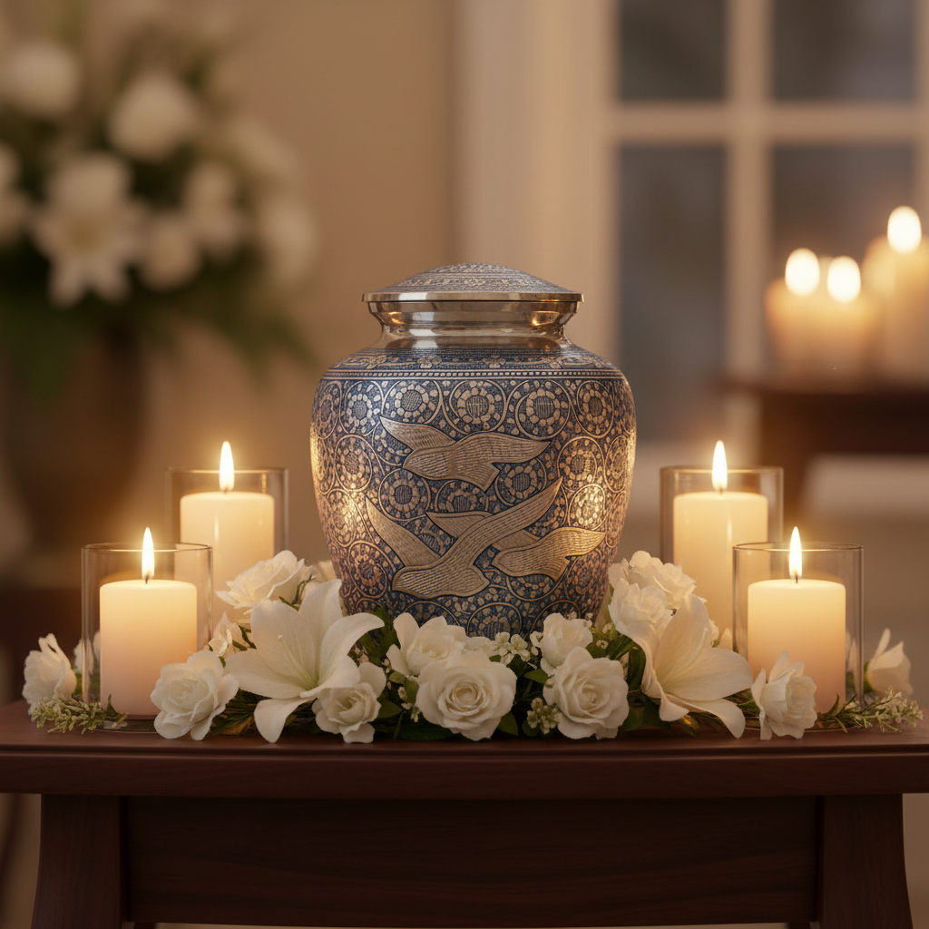 Decorative urn with candles and flowers on a table