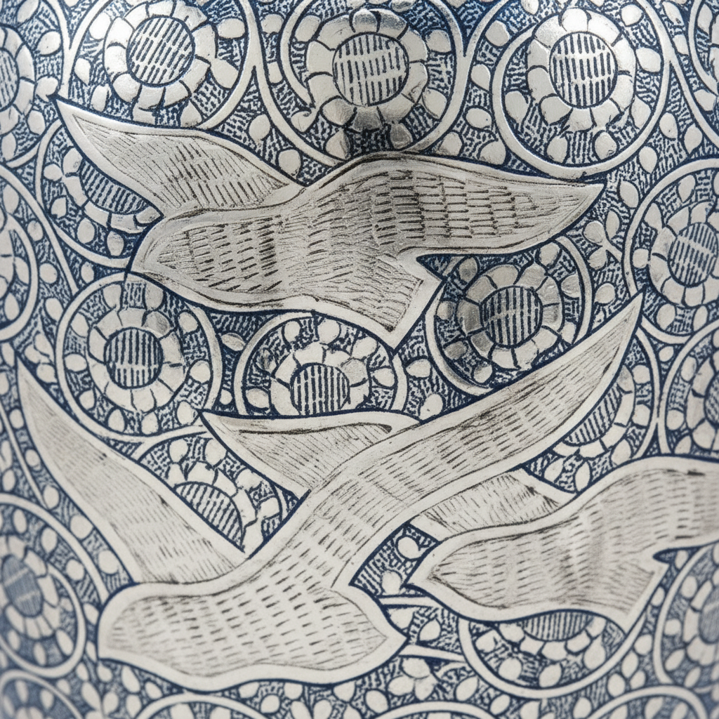 Decorative pattern with abstract shapes and lines on a blue background