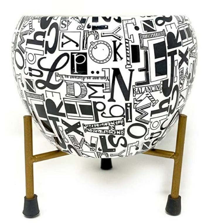 Designer  Black & White Metal Bowl Planter with 8x8 Inch Golden Stand
