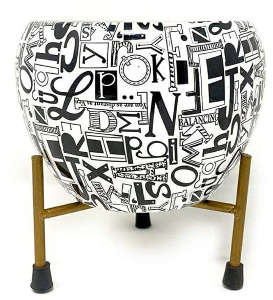 Designer  Black & White Metal Bowl Planter with 8x8 Inch Golden Stand