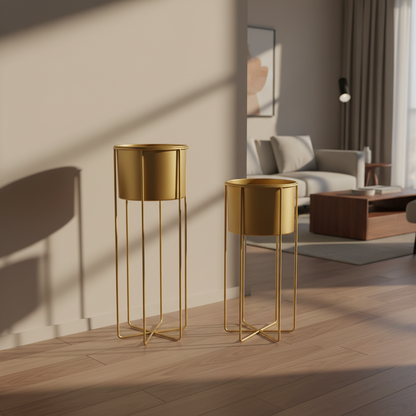 Two gold metal side tables in a living room setting.
