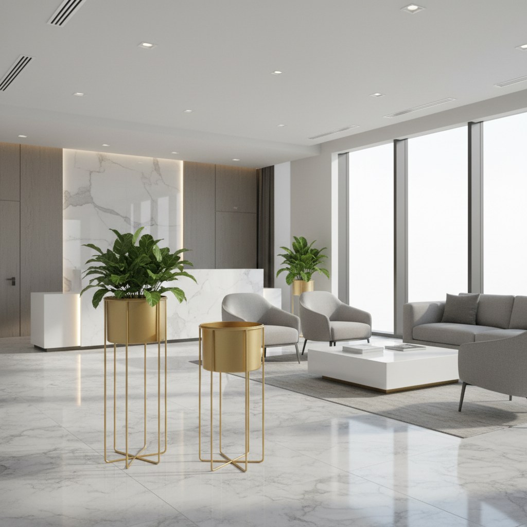 Modern office lobby with gray sofa, chairs, and gold side tables.