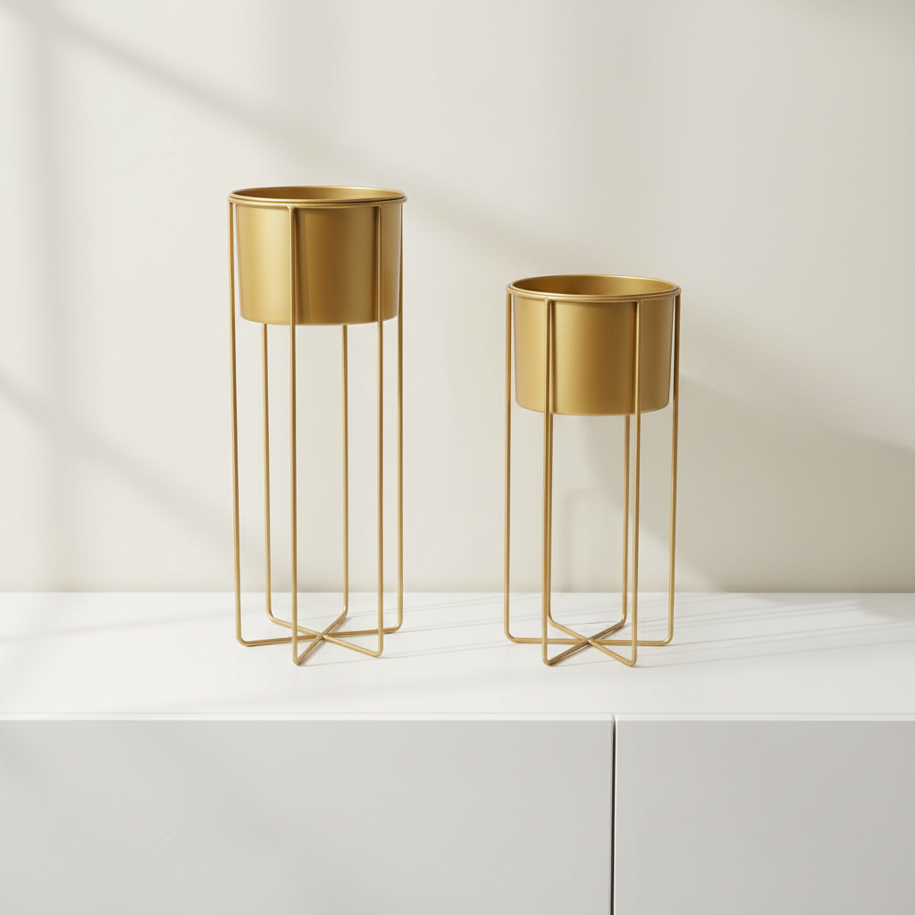 Two gold metal planters on stands against a white background