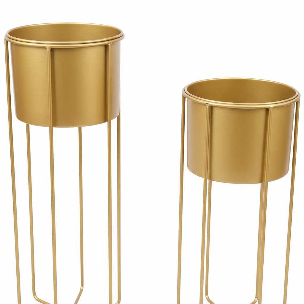 Two gold metal planters with stands on a white background