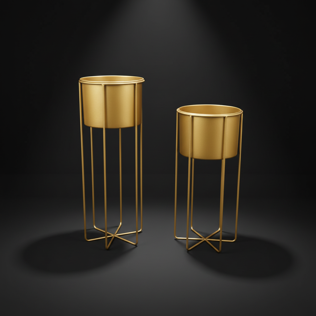 Two gold metal planters on stands against a dark background