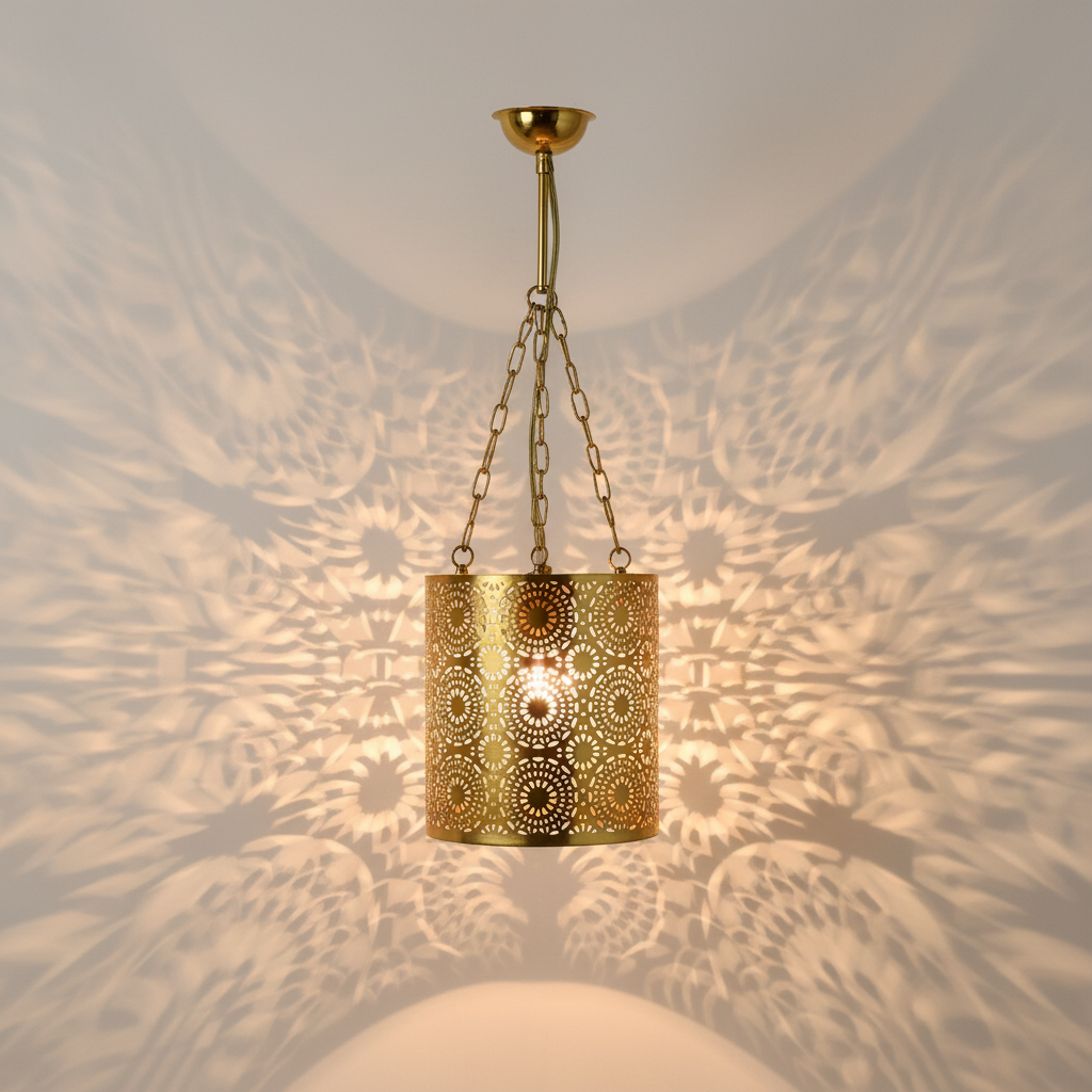 Gold pendant light with intricate design casting shadows on a textured wall.