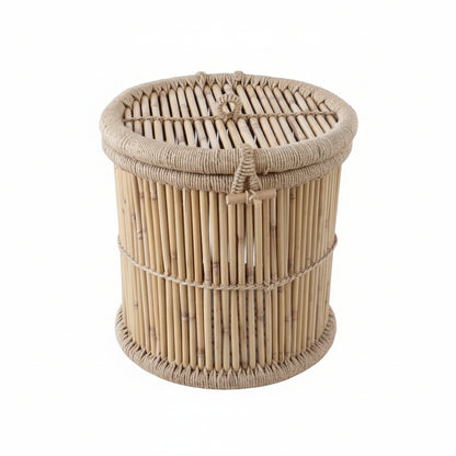 Woven basket on a concrete floor