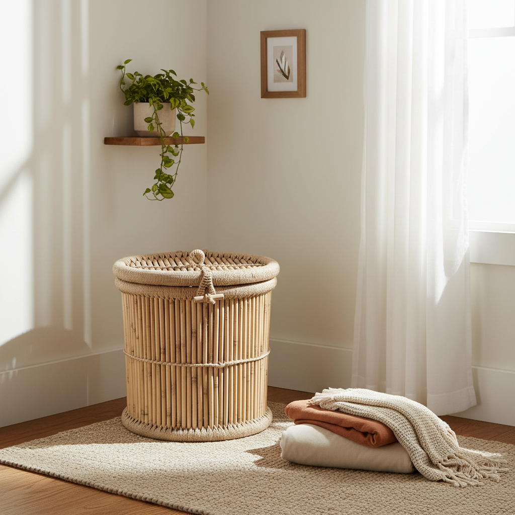 Wicker laundry basket with folded clothes on a rug in a bright room.
